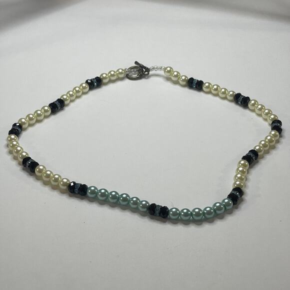 Necklace beaded faux pearl and green pattern geometric toggle clasp trendy - Picture 5 of 11